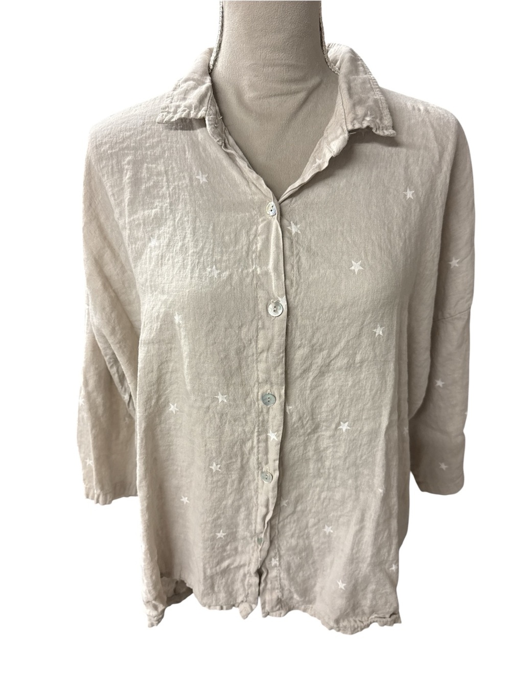 100% Linen Star-Print Button-Down Shirt